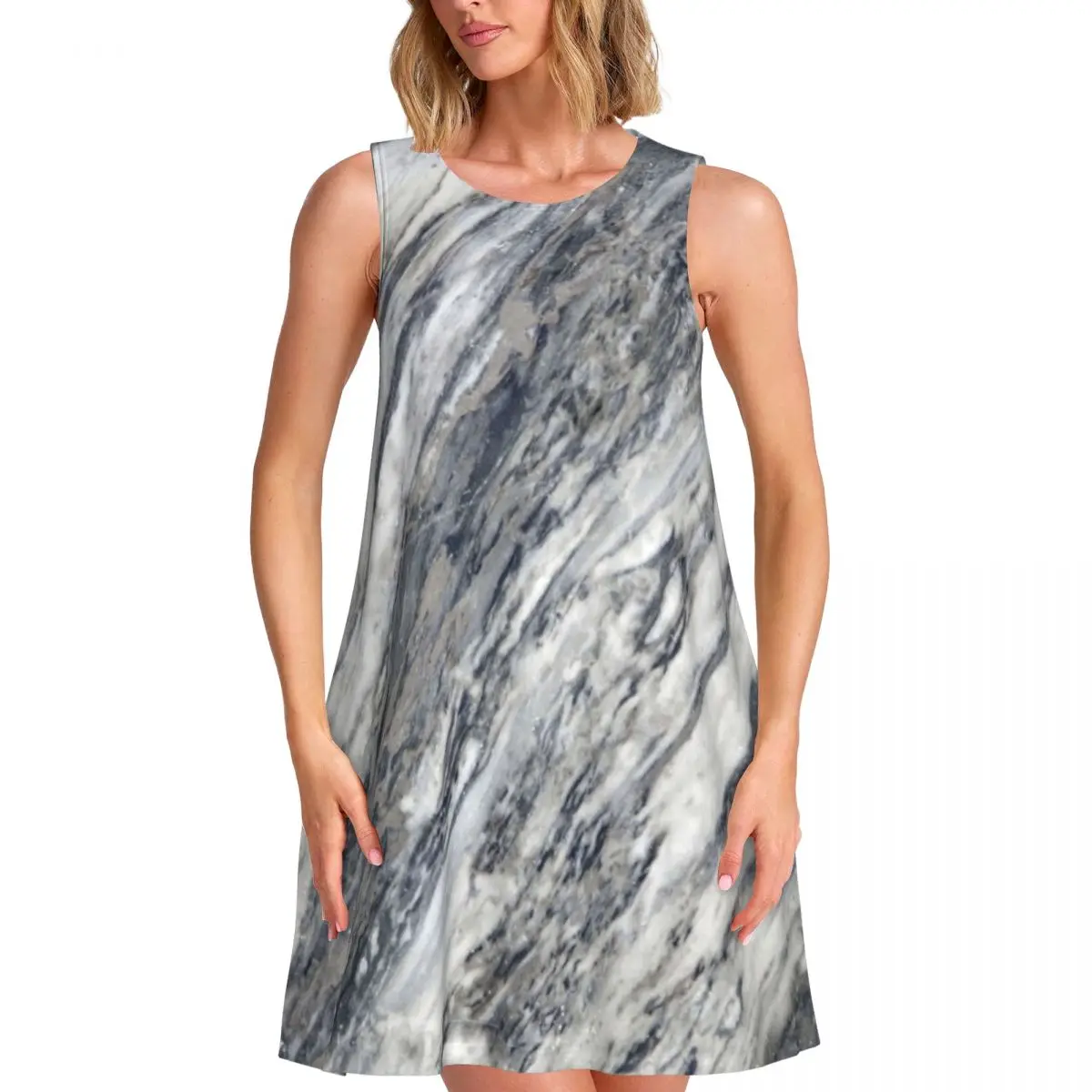 Gradient Marble Dress White And Grey Natural Marbles Modern Dresses Summer Oversized Tank Dress Cheap Womens Print Vestidos