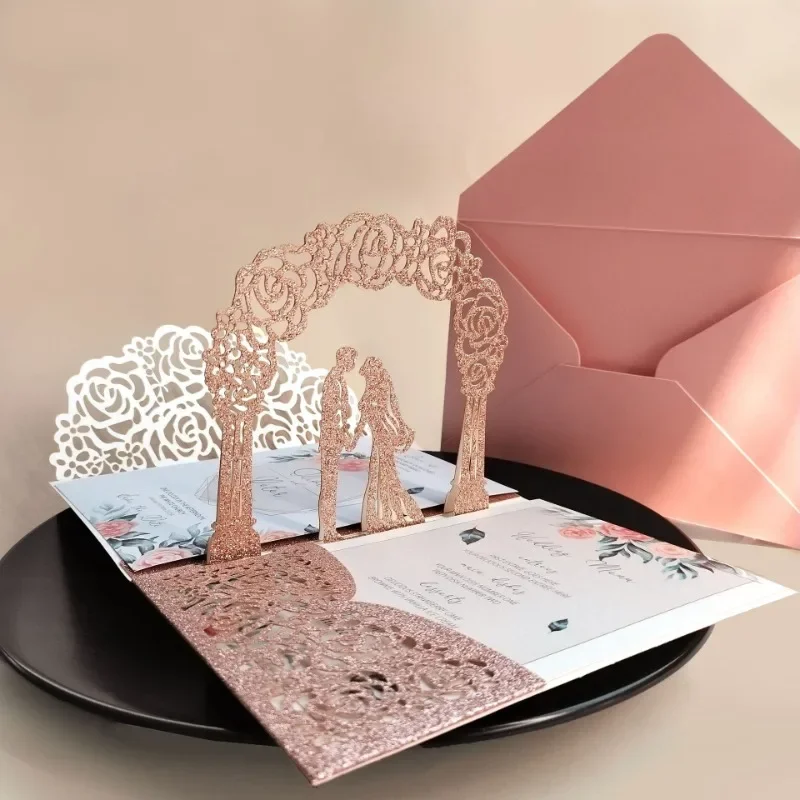 3D Bride And Groom Rose Gold Pop up Wedding invitations laser cut Greeting cards envelope Rsvp Navy blue White Pink