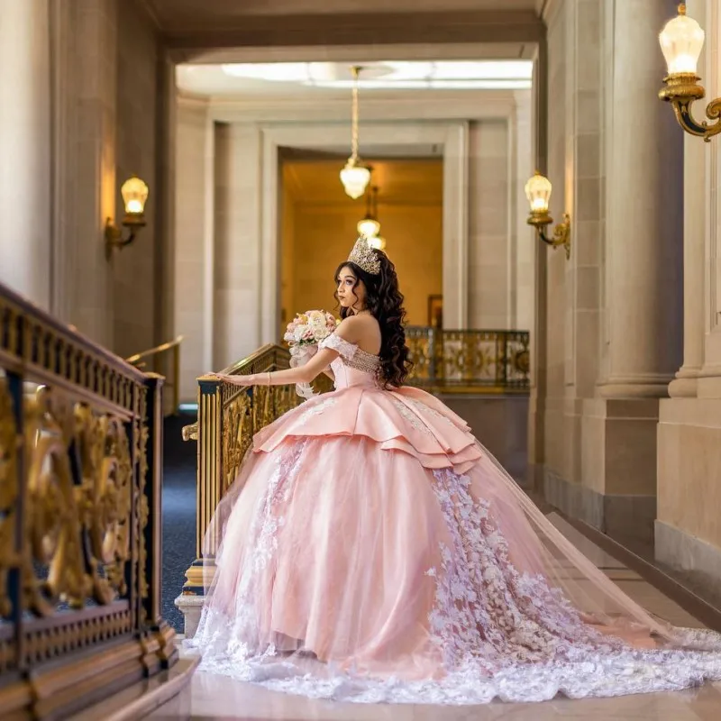 Doymeny-vestidos rosa princesa quinceanera para menina, vestido de baile, vestido doce 16, apliques de miçangas, renda, aniversário, 15ª festa, 2023