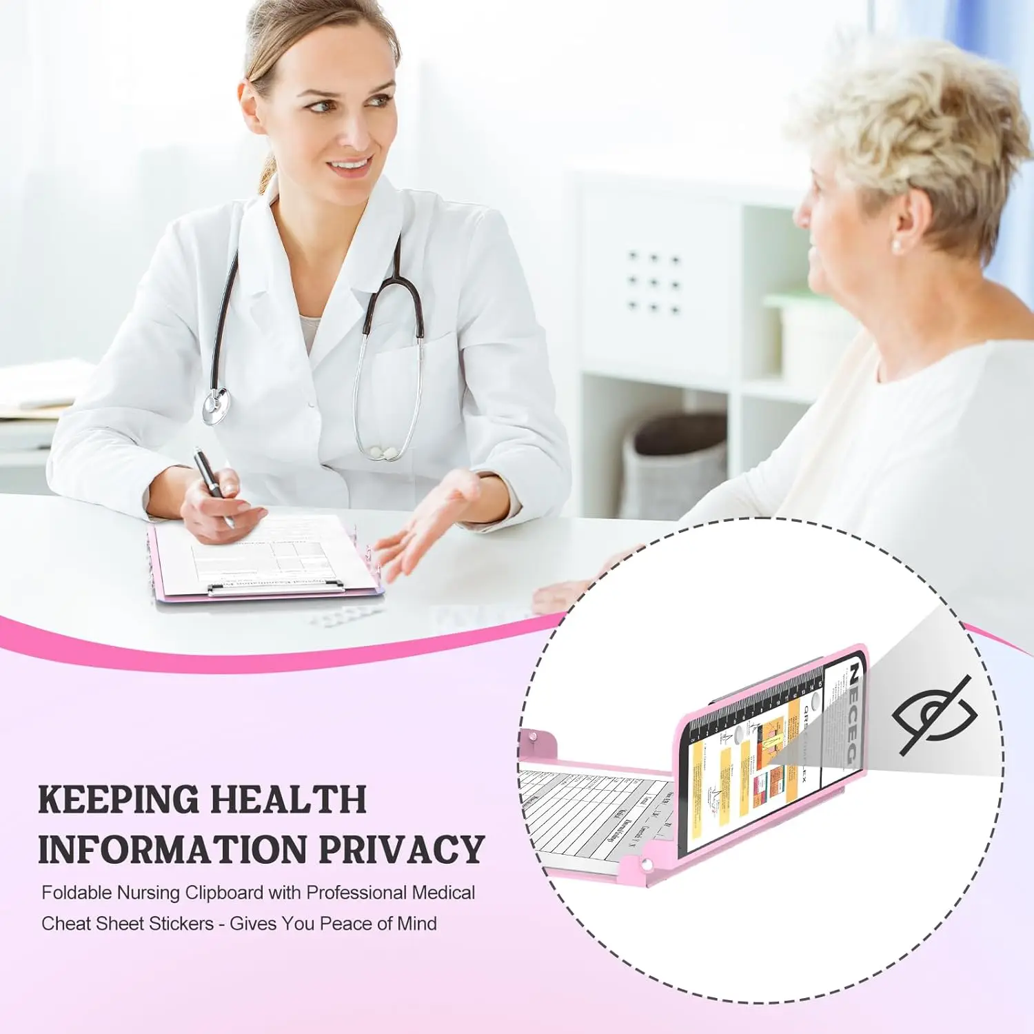 Pink folding writing board, 3-layer folding board, cheat sheet, nursing pocket size, pen holder, clinical clipboard