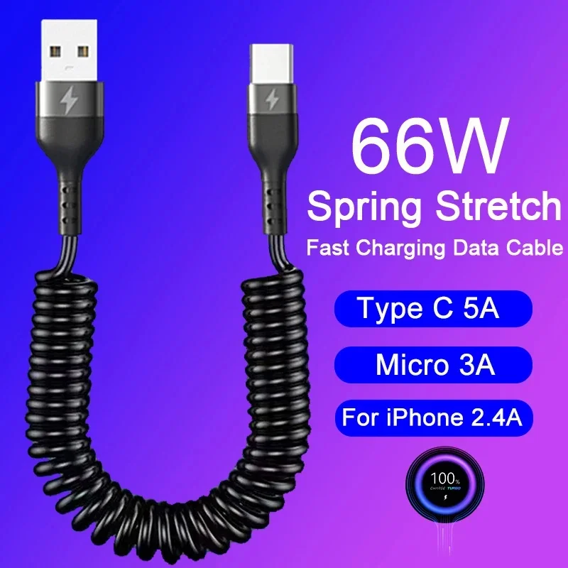 

66W 5A Type C Spiral Phone Charge Cable USB Spring Telescopic Fast Charging Cord for Xiaomi Universal Phone Charge Cable