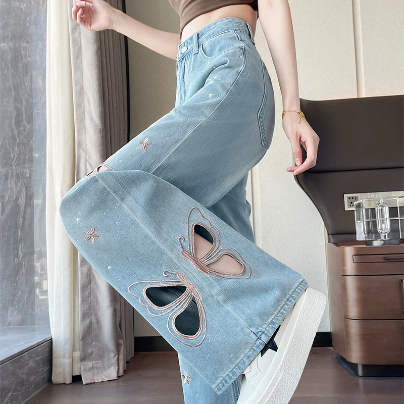 Diamond Studded Light Blue Butterfly Embroidered Hollowed Out Jeans Spring Summer High Waist Women Wide Leg Chic Denim Pants