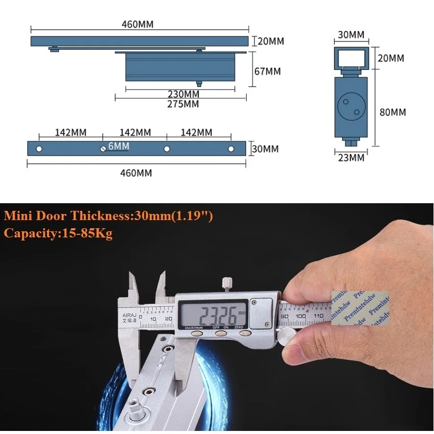 Thin 15-85Kg 2-Stage Speed Adjustment Overhead Conceal Slide Door Closer Silver Matte Black