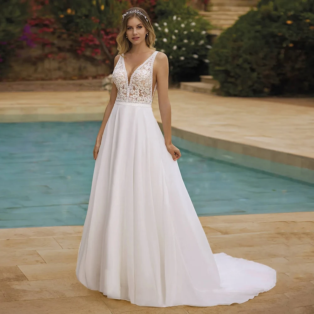 

Classic A-line Chiffon Backless Wedding Dresses with Chapel Train Appliques V-neck Sleeveless Bridal Gowns Vestidos De Novia