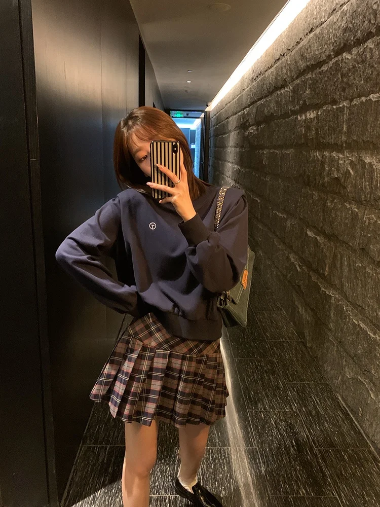

High Waist Plaid A-Line Skirt Korean Sle Girls Early Autumn Plaid Design Slimming f-length Skirts for Women