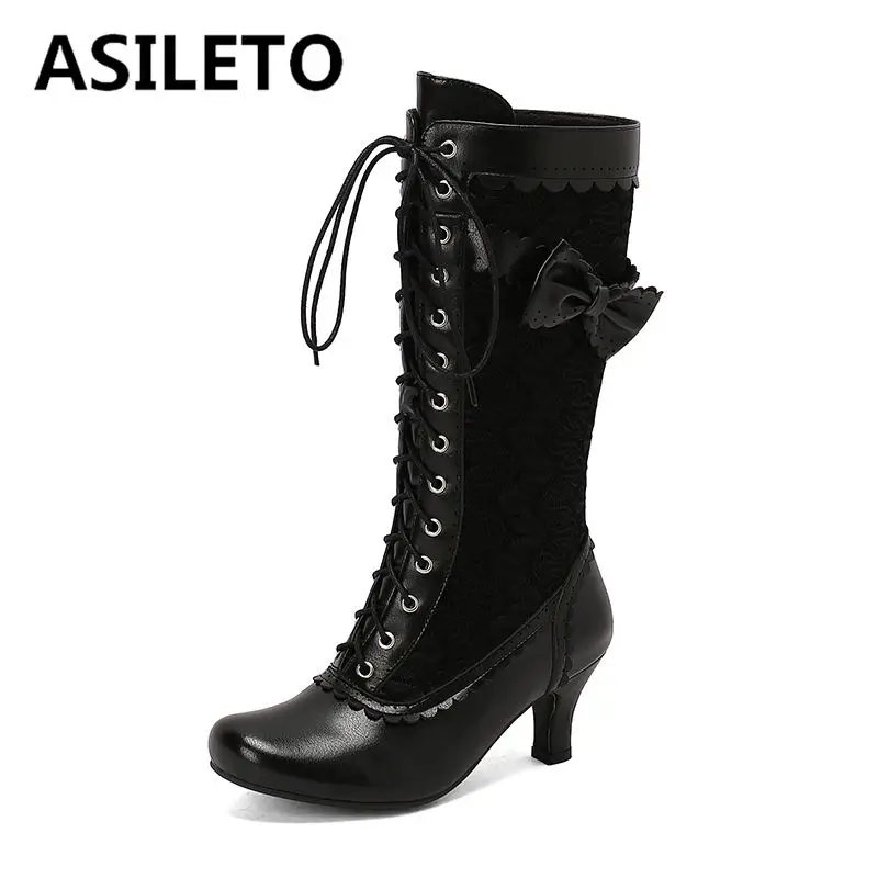 

ASILETO Sweet Wome Mid Calf Boots Round Toe Small Heels 6.5cm Zipper Lace Up Bowknot Mixed Color Big Size 45 46 47 Daily Bota