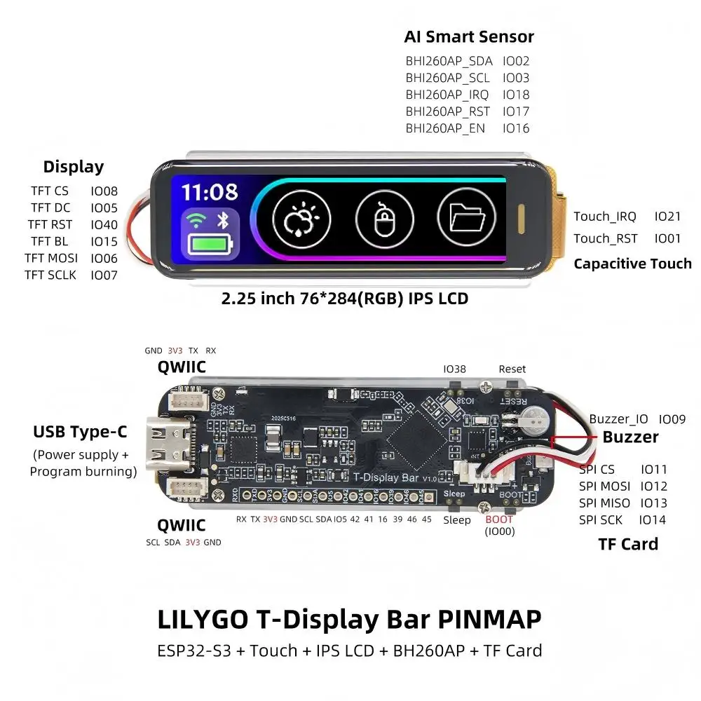 ESP32-S3R8 Development Board 2.25 Inch IPS RGB LCD BHI260AP IMU Sensor 16MB Flash 8MB PSRAM Wi-Fi BT 5 Buzzer IoT Display Module