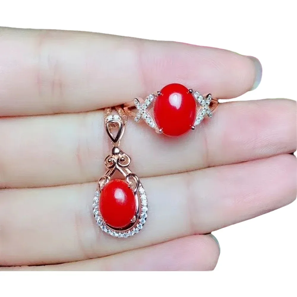 

KJJEAXCMY-925 Sterling Silver Inlaid Natural Red Coral Ring for Female, Pendant Set, Fine Jewelry, Support Detection