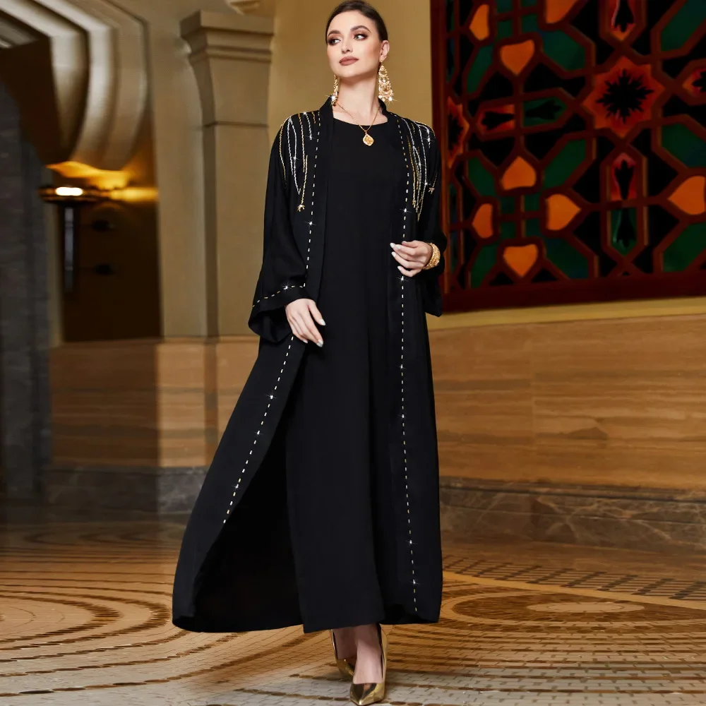 

Hand Seam Drill Muslim Robe Fashion Cardigan Outside Match Long Sleeve Elegance Dress Female Casual Dress Satin Arab Woman Abaya