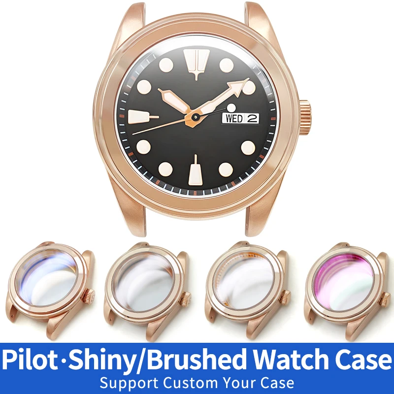 

Pilot Watch Case Polished Steel Finish Rose Gold For SKX SKX007 NH35 NH36 4R36 Steel Cases MOD Watch Parts Sapphire Crystal