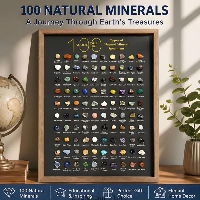 Lerntafel für natürliche Mineralien mit 100 Steinarten, Sammlungstafel in Holzoptik für die Präsentation Heimbüro – Detail 4