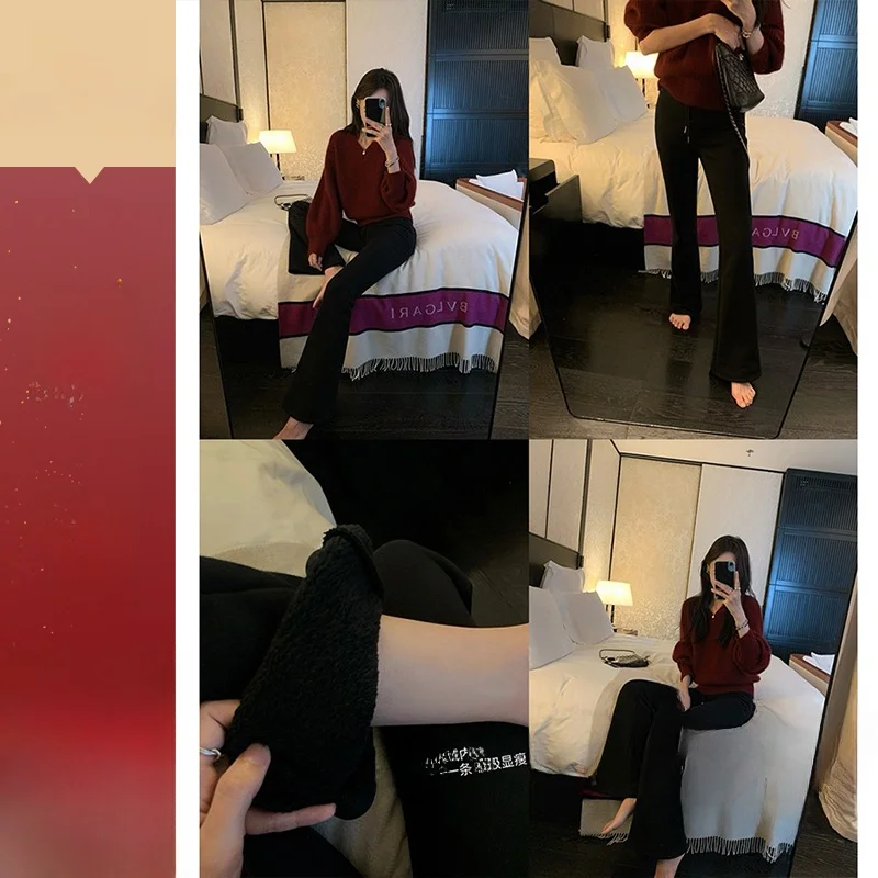 

Classic High Waist Fce Lined Slim Fit Bell Bot Pants Women's Casual Warm Trousers Retro Sle Cotton Polyester Blend