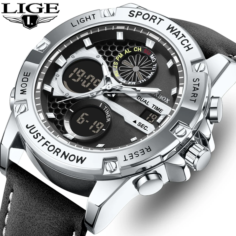 2025 فوكس بوكس ساعات رياضية للرجال قوي مضيئة عرض مزدوج مقاوم للماء كوارتز ساعة يد جلدية أصلية Relogio Masculino