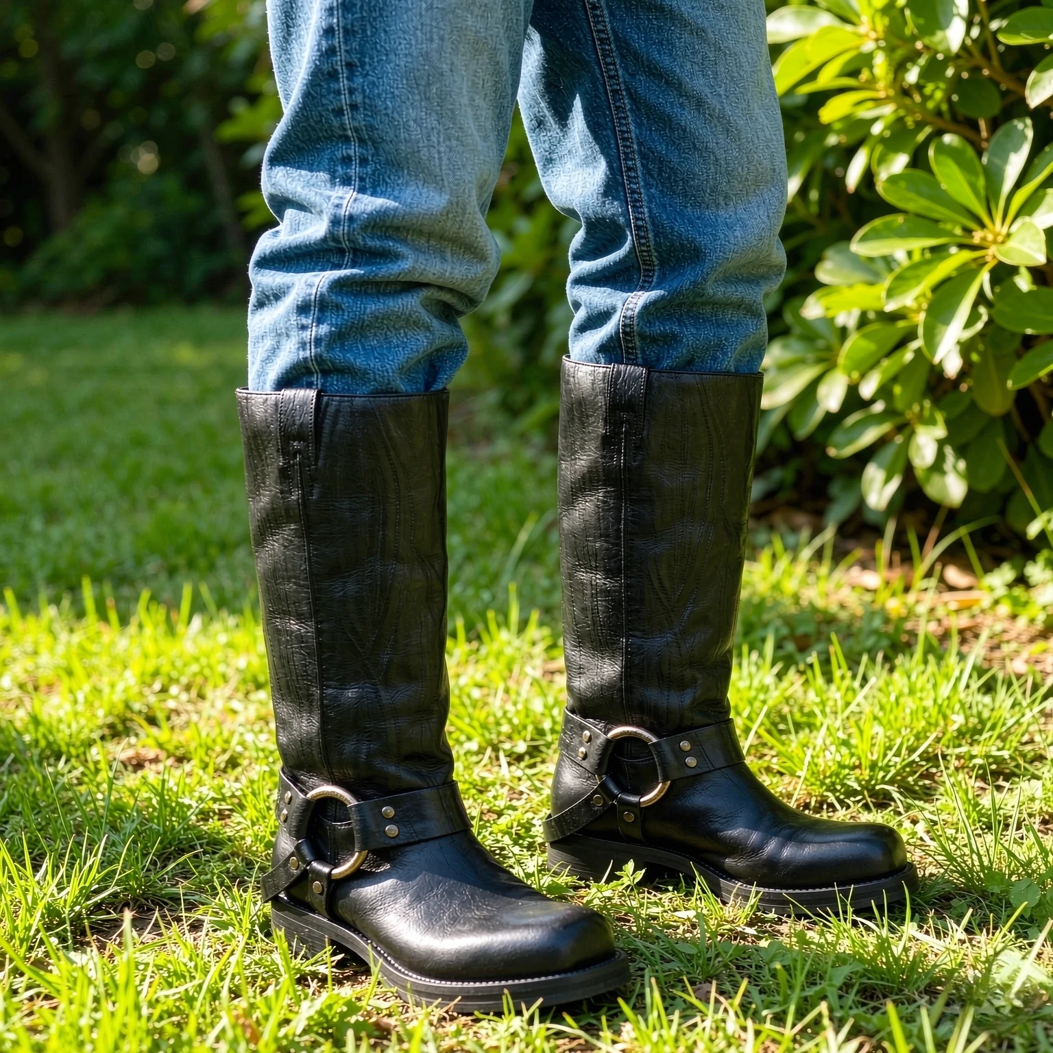 Blue Cowboy Metal Ring Motorcycle Boots Belt Buckle Design 3.5cm Thick Heel Knight Boots Women's Square Head Fashion Boots 34-44