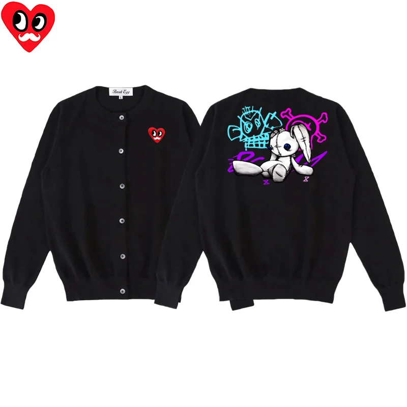 Arcane Jinx Scimmia Bambola Coniglio Stampa Cardigan da donna Occhi rossi Barba Cuore Ricamo Cotone O-Collo Maglione monopetto