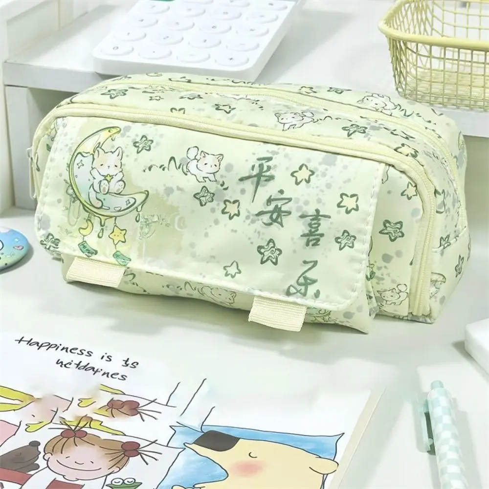 Cute Green Kitten Flip-top Pencil Case Student Supplies Canva Stationery Storage Bag Large Capacity Stationery Bags