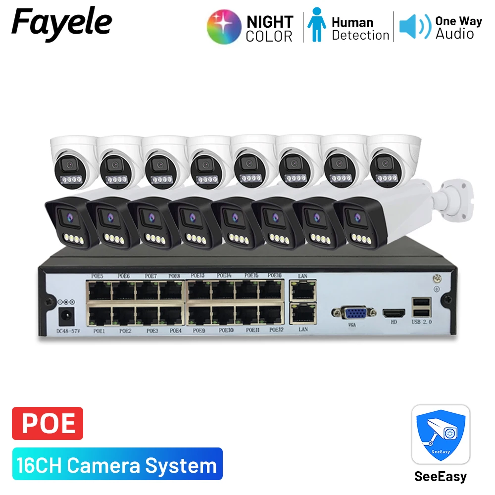 16CH CCTV Security POE Camera System 4K 8MP 16 Channels NVR 2K 4MP IP Camera Human Detection Color Video Audio Surveillance Kit