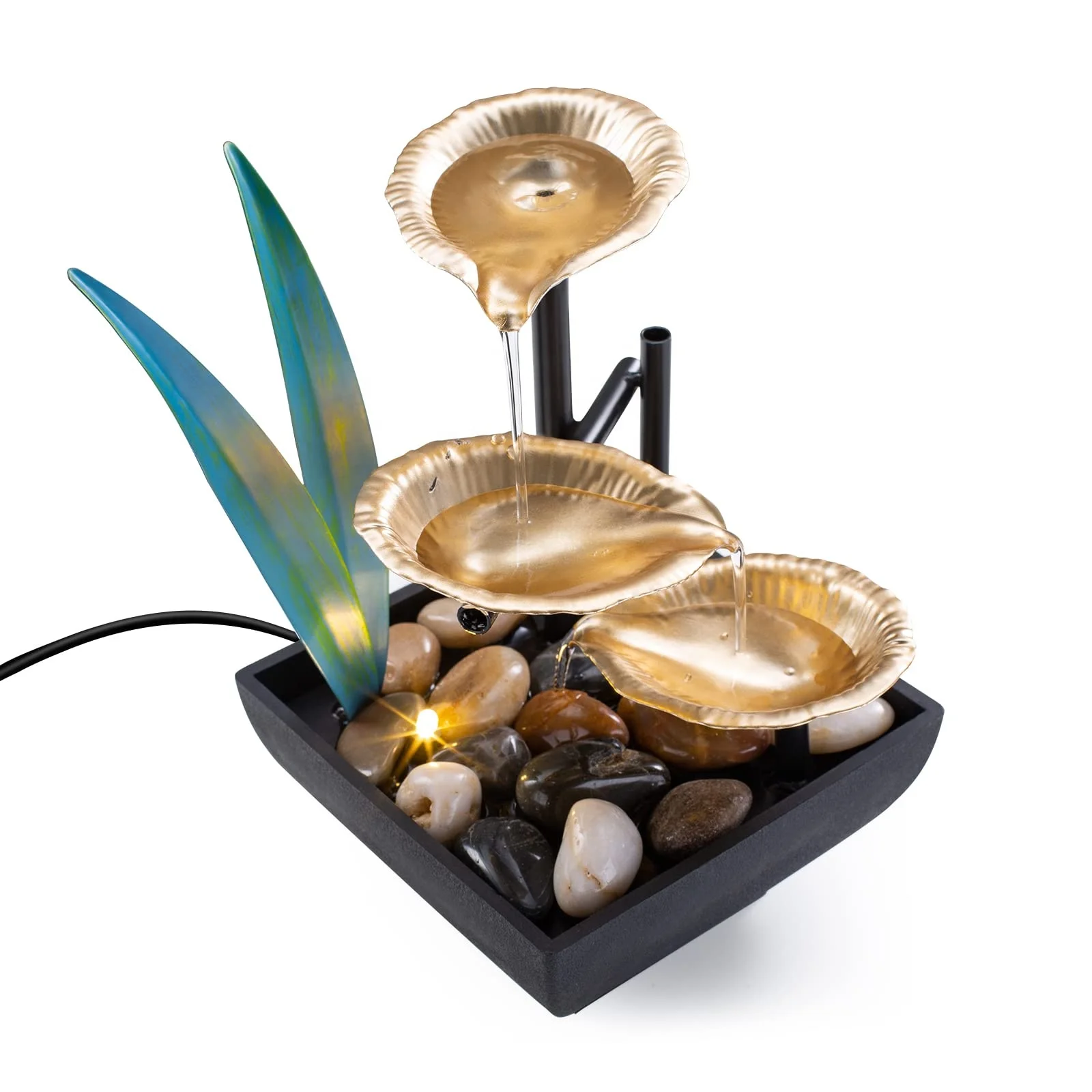 

# Tabletop Fountain Desktop 3-Tier Indoor Golden Lotus Leaf Relaxation Fountains Waterfall, Office Home Decor Fountain