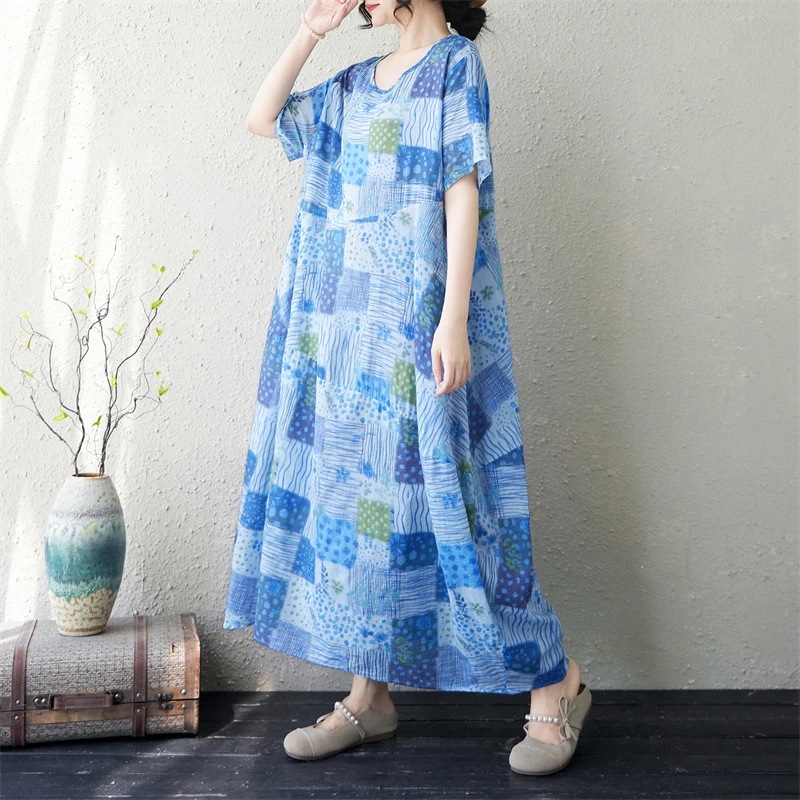 

Summer Floral Print round Neck Style Long Dress Asymmetrical Travel Casual Loose Fit Polyester Fiber Women's Dress