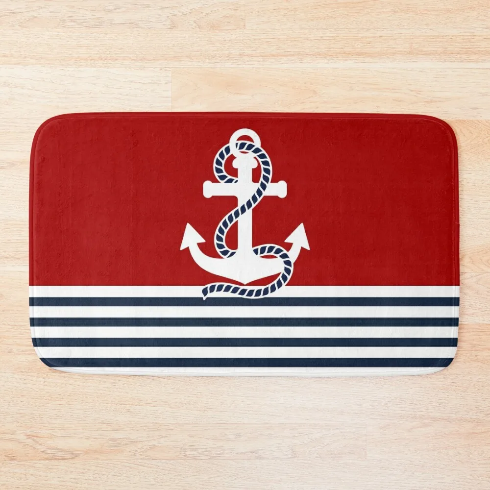 

Nautical red white stripes and blue anchors on red background Bath Mat Rooms Carpets For Bathrooms Anti-Slip Carpet Mat