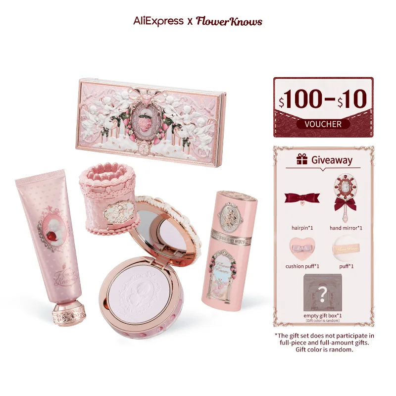 Flower Knows Strawberry Cupid Collection Makeup Gift Set Includes Cake Lip Cream+Liquid Blush+Make-up Palette+Scented Hand Cream