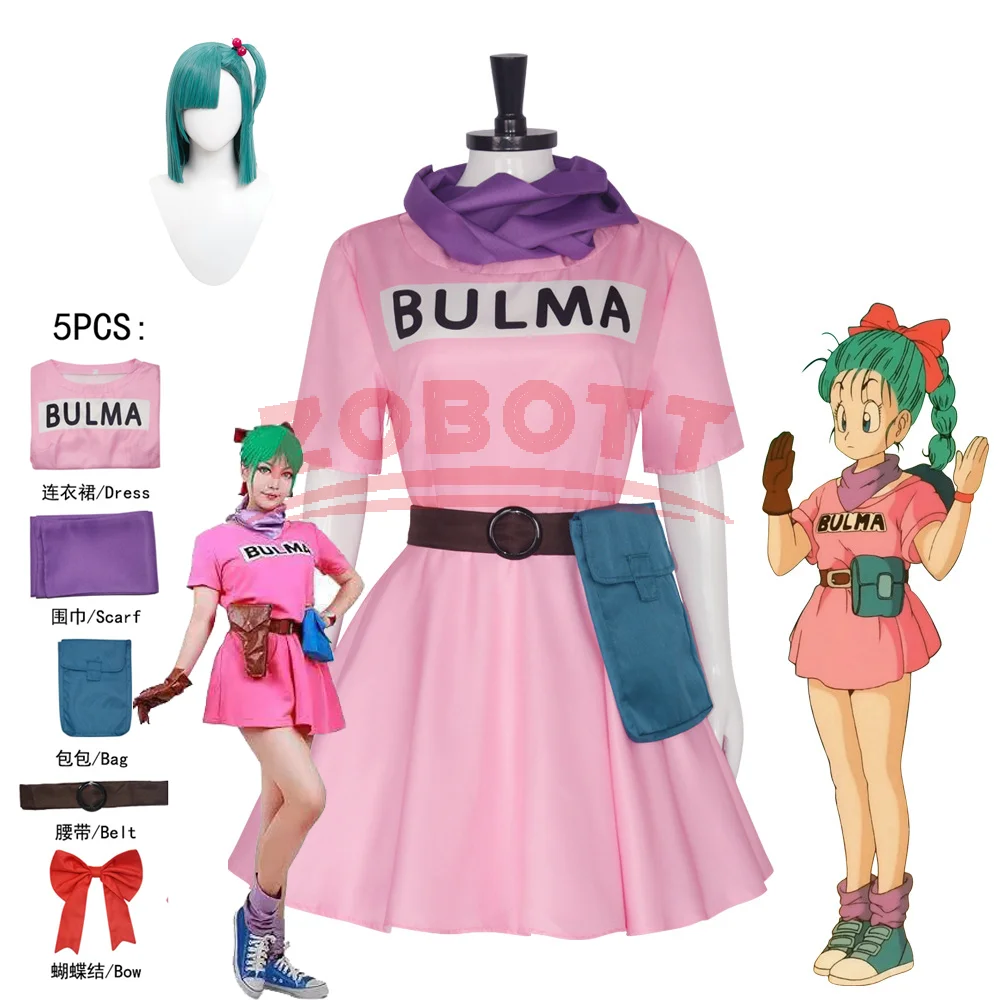 

Bulma костюмы для косплея розовое платье аниме платье для ролевых игр зеленые парики для Хэллоуина карнавальная вечеринка женский наряд