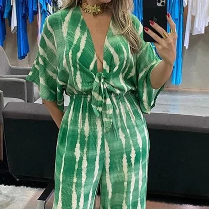 

Sexy Green Elegant Women's Jumpsuits 2023 Summer Simple Casual V-Neck Lace Up Loose Lady Fashion Wide Leg Jumpsuit Plus Size