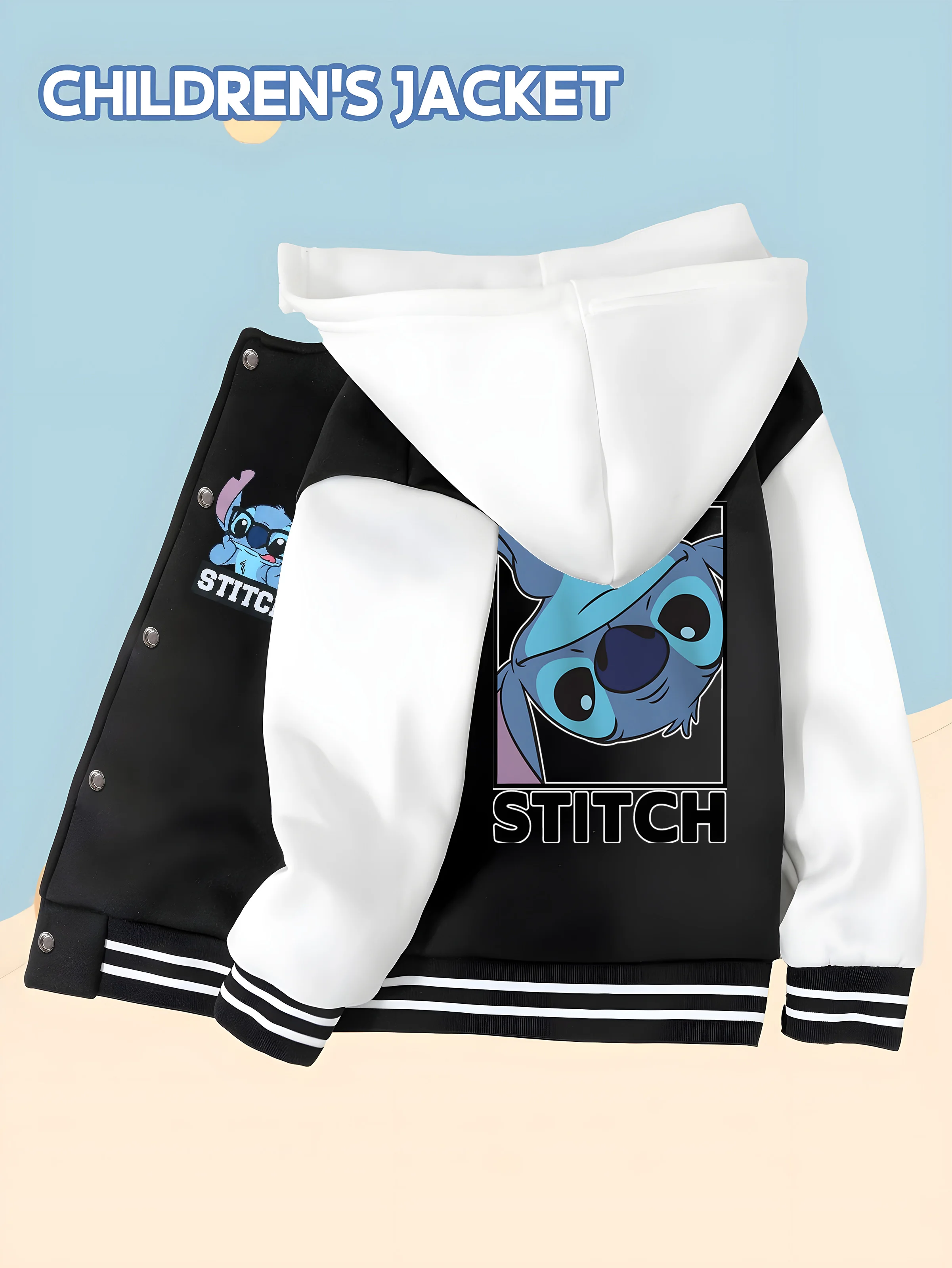 

MINISO Disney Boys' Baseball Jacket - Stitch Classic Head Style, Double-sided Stitch Head Print, School Casual Party Jacket