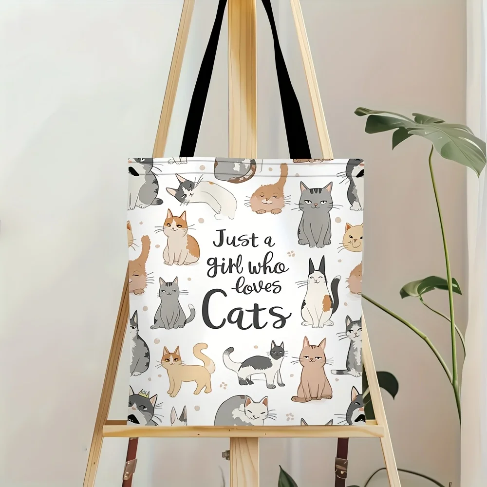 1pc Just a Who Loves Cats Tote Bag Large Cat Print Handbag with Kitten Durable for School Travel Shopping Ladies Pouch