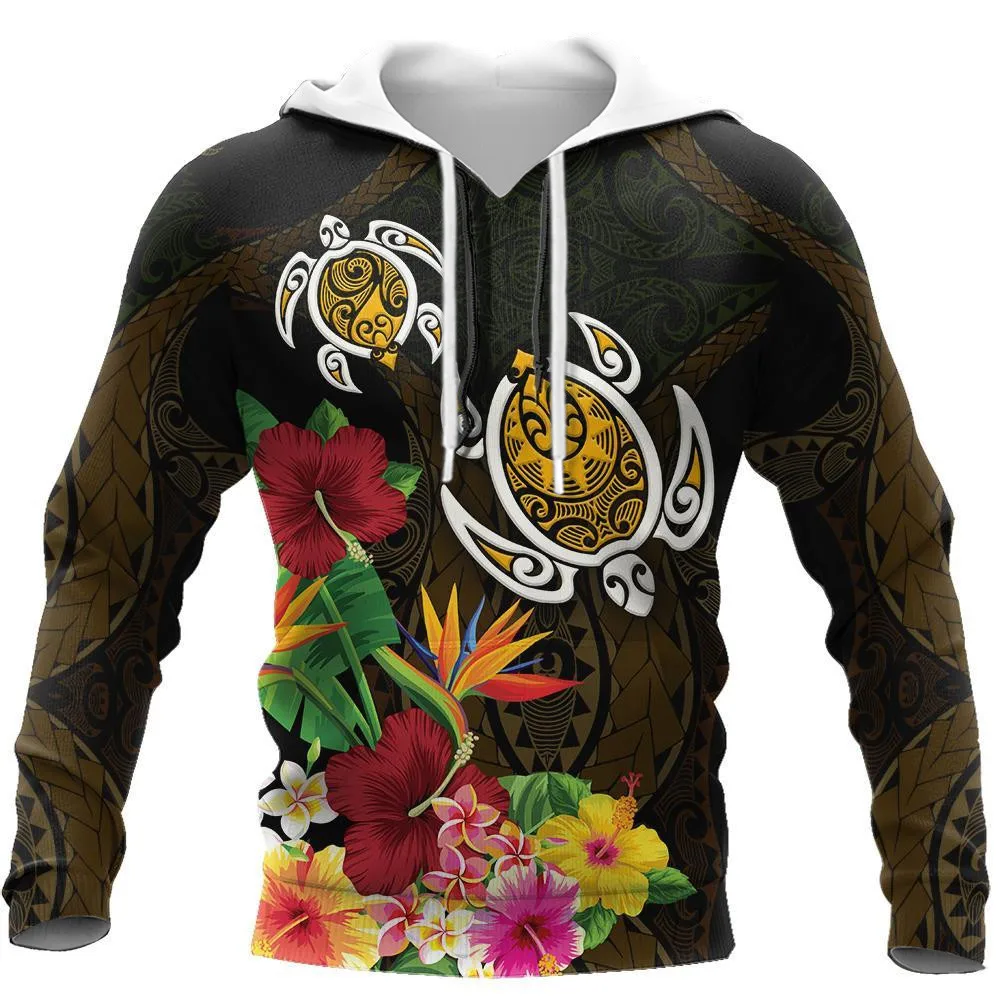 HX Polynesian Hoodies Amazing Turquoise Gold Tribal Pattern Hisbiscus Plumeria Hoodie Sweatshirts Fashion Pullover Tops