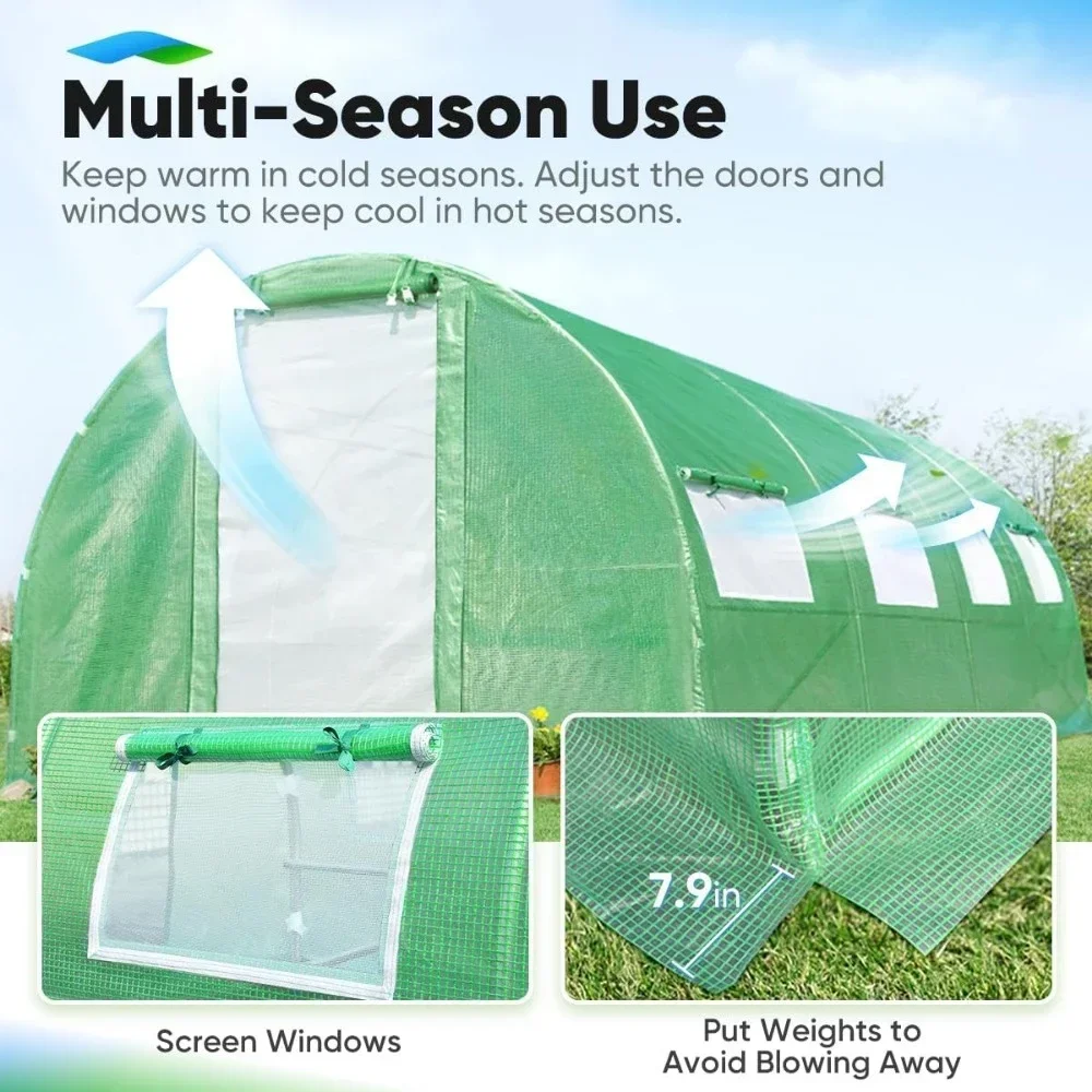

Green House, 25' X 10' X 6.6' FT Walk-in Green House W/ Heavy Duty High & PE Cover 2 Zipper Doors, Outdoor Greenhouse