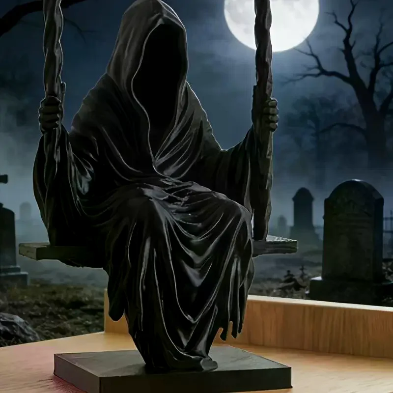 Swing Grim Reaper Statue Resin Black Hooded Miniature Figurine Halloween Desktop Gothic Decor