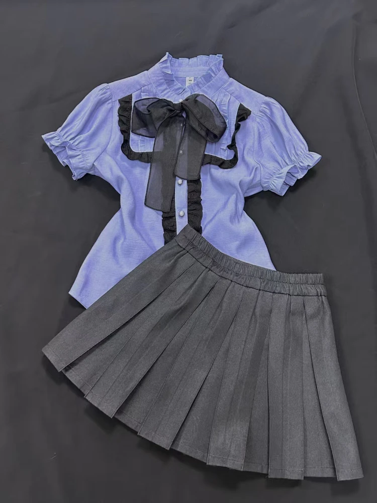 

New y2k kawaii suit women cute top + black skirt fashionable street 2025 clothing summer sweet style top skirt sets