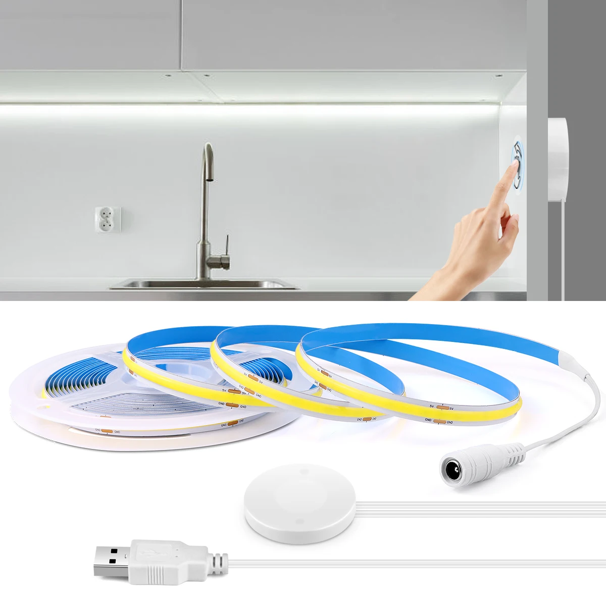 

USB 5V COB LED Light Strip With Dimmable Penetrable Wood/Mirror Wireless Hand Sweep Touch Sensor Switch Kitchen Cabinet Lighting