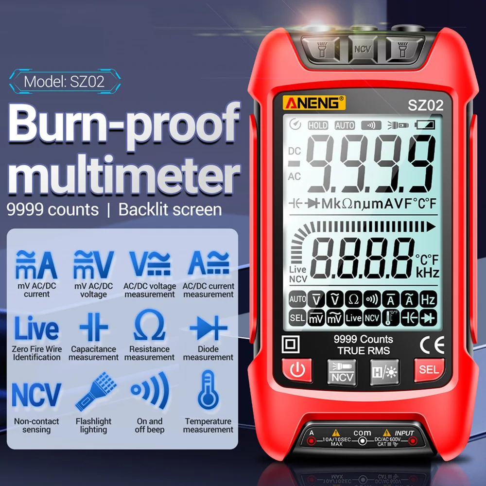 ANENG SZ02 SZ01 Multimetro digitale intelligente 9999 Conteggio Vero RMS Misuratore di capacità elettrica automatica Tester per transistor di