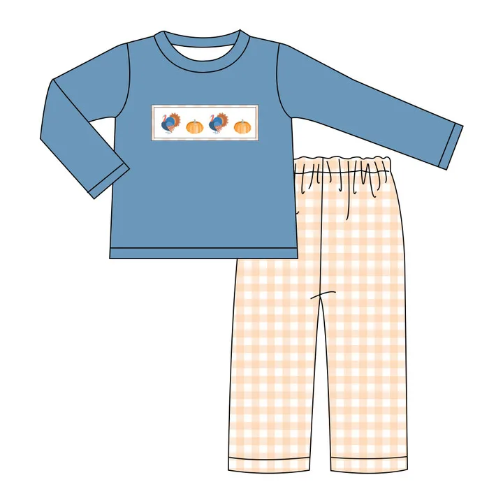 Baby New Cotton Long Sleeve T-shirt Set Round Neck Thanksgiving Turkey Embroidery Boy Orange Lattice Top Clothes And Blue Pants