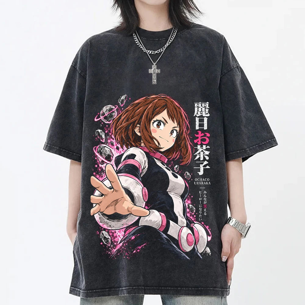 My Hero Academia Ochaco Uraraka T Shirt Vintage Washed Anime T-shirt Short Sleeve Oversized Tees Casual Harajuku Streetwear Tops