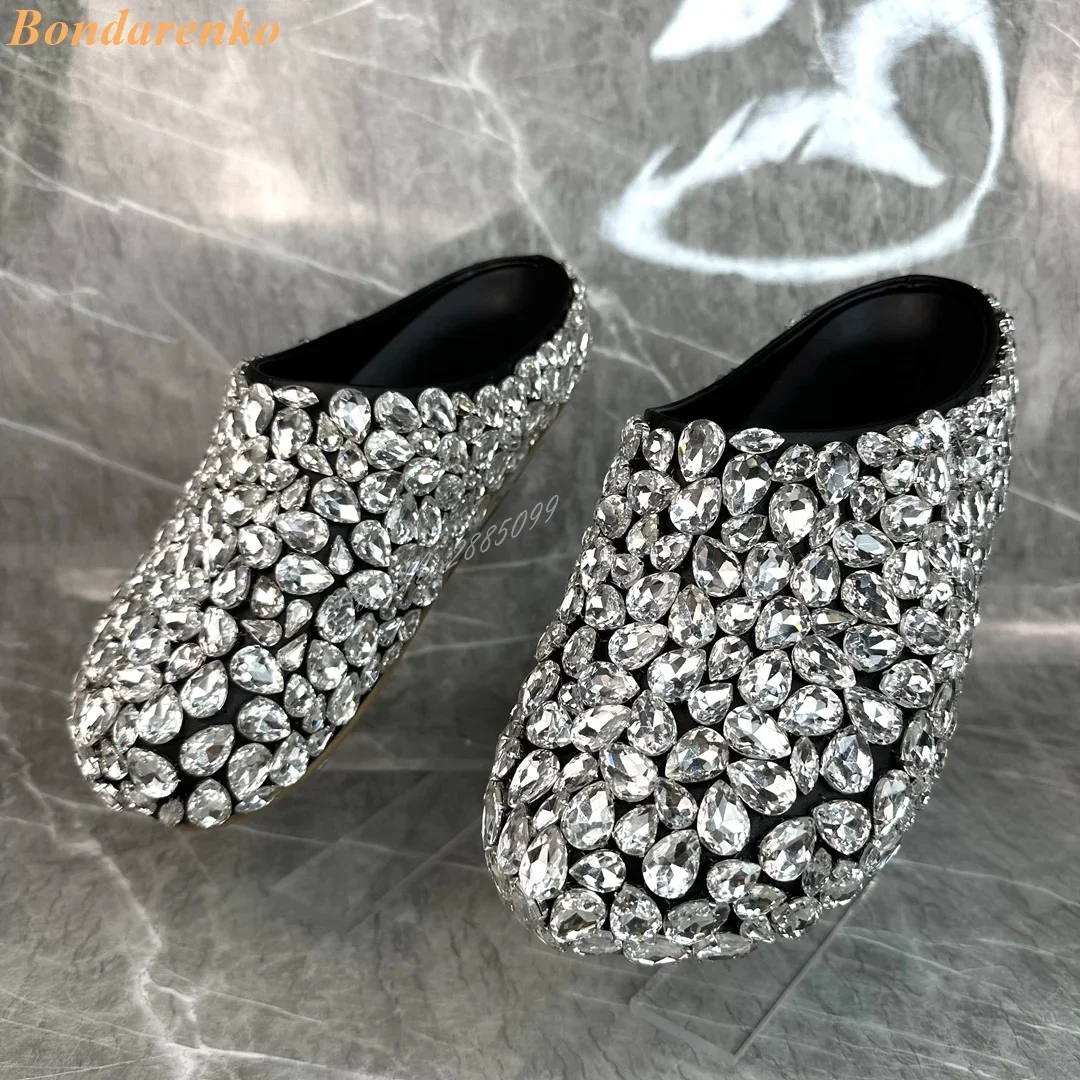 Stud Gem Slip On Sandals Women Sexy Shoes Round Toe Flat With Rhinestone Summer Designer Casual Shoes Party Big Size Customized