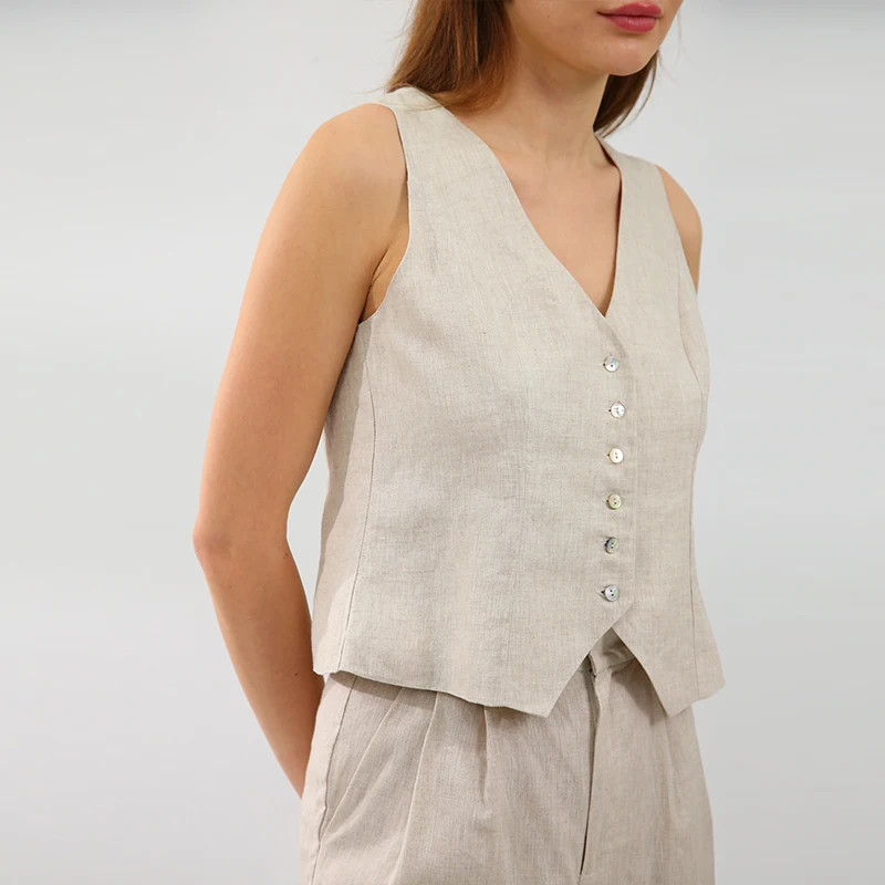 Women Original 100% Linen Vest Old Money Style Button Down Designer Natural Tops
