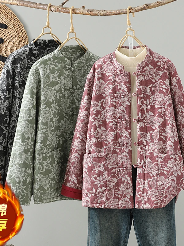 

Thiened Хлопковое женское зимнее пальто с воротником-стойкой и вышитыми пуговицами, китайское женское пальто Full Sve, длинная длина