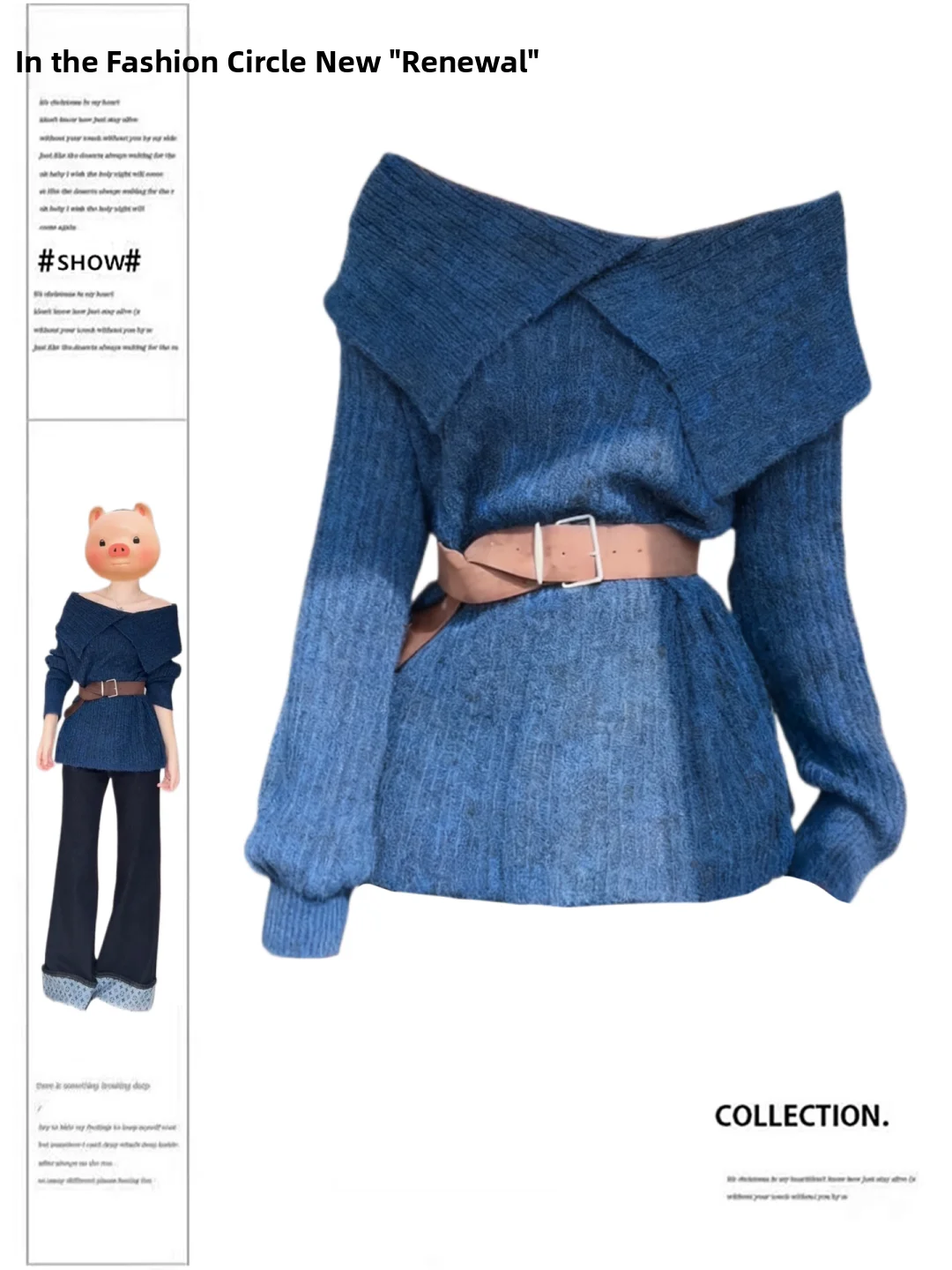 

Женский вязаный свитер больших размеров в корейском стиле с одним открытым плечом и асимметричным воротником, мягкий, синий, весенняя новинка, комфортный, высококачественный