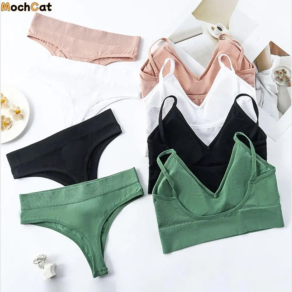 

2 Piece Seamless Bra and Thong Panty Set Wireless High Waisted Ribbed Knit Bra and Panty Breathable Solid Color