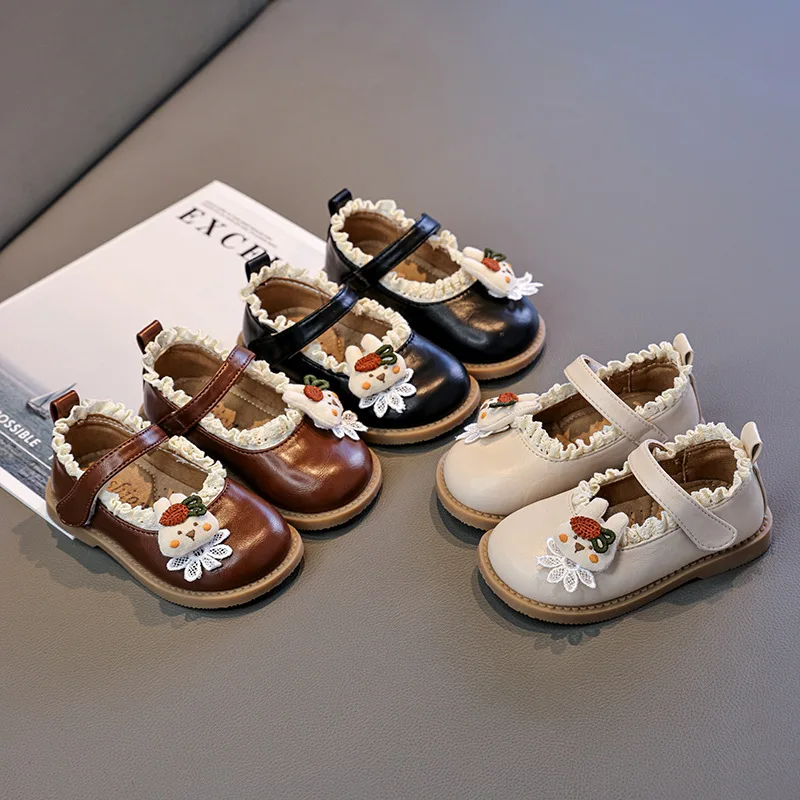 

2026 Toddler Girls' Mary Jane Flats Cute Rabbit Children First Walker with Ruffle Trim Fashion Back To School Kids Leather Shoes