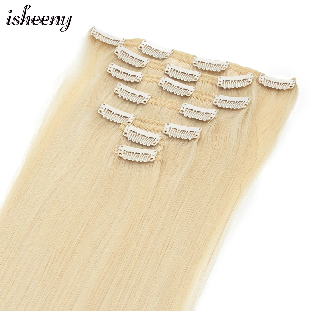 Isheeny Clip-in Human Hair Extensions 7pcs/set Blonde Remy Human Hair Straight 12\