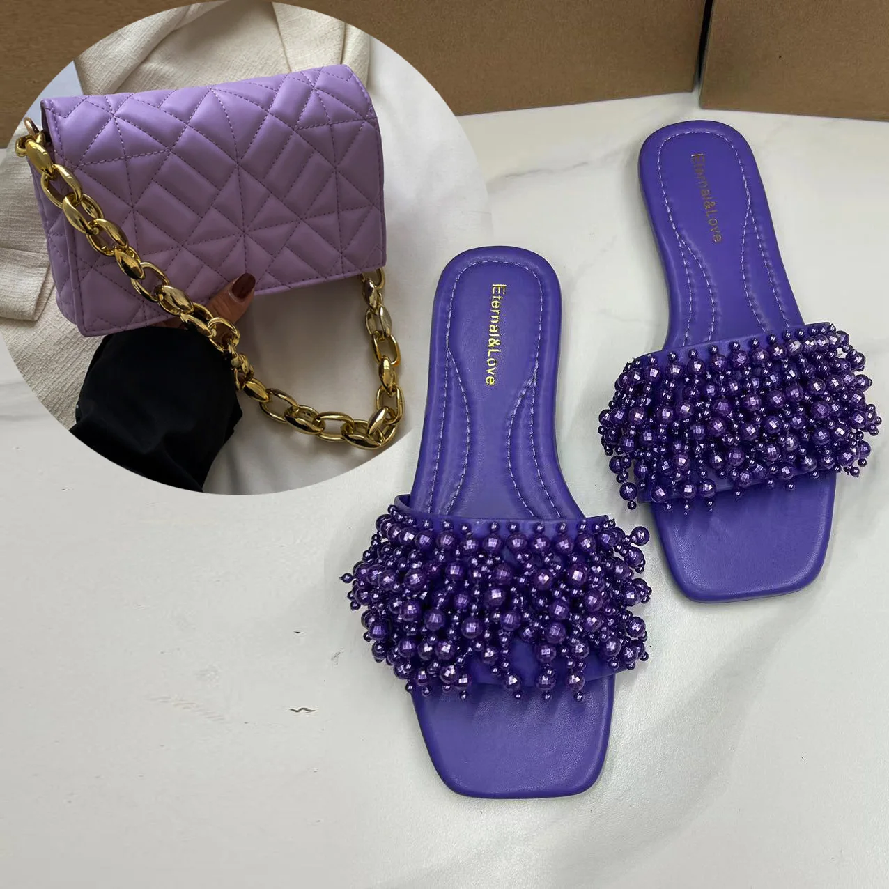 الصيف الإبداعية مطرز المرأة النعال عدم الانزلاق الصنادل المسطحة موضة مطرزة الموضوع كتف واحد يده صندوق صغير حقيبة #3