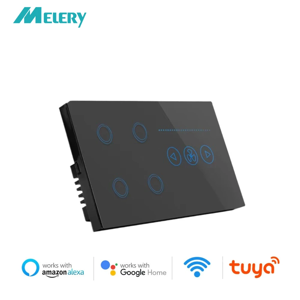 Melery Switch Fan Speed Interruptor Wifi Smart Tuya Light 4Gang  Glass Touch Sensor Panel Power Monitor Remote Alexa Google Home