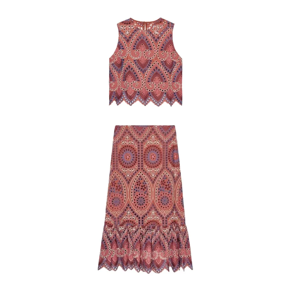 ETJ 2025 New women's wear Bohemian national style French hollow embroidery temperament vest & high waist MIDI skirt set