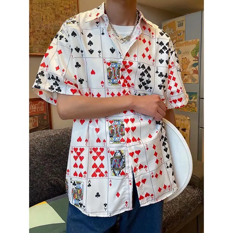 E-BAIHUI Print Playing Card Shirts for Men Summer Short Sleeve Beach Men Clothing Casual Lapel Chinese Style Loose Shirt Male