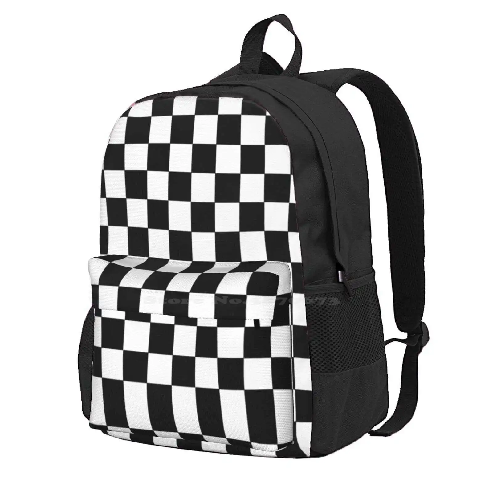 Checkered Black And White Hot Sale Schoolbag Backpack Fashion Bags Squares Black White Four Sides Shape Fun Checkered Abstract