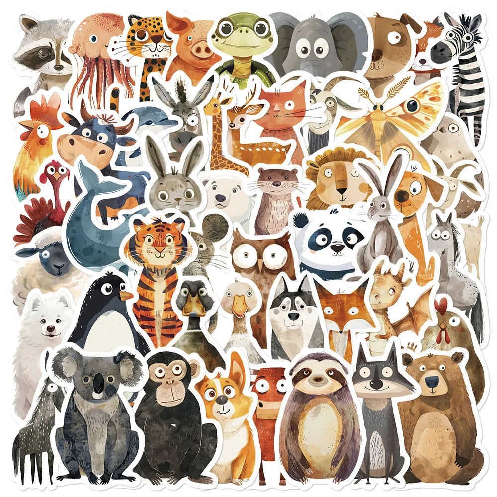 50 Pcs Quirky Watercolor Animal Cartoon Stickers - DIY Decals for Luggage, Laptops & Journals